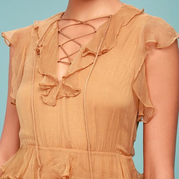 NWT New Friends Colony Maya Tan Chiffon Ruffled Lace-Up Maxi Dress Size Medium - Picture 7 of 13